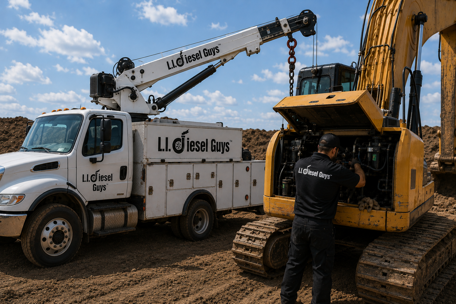 A white LL Diesel Guys service truck with a crane arm is parked beside a yellow excavator on a dirt site, while a worker in black clothing stands in front of the excavator opening.