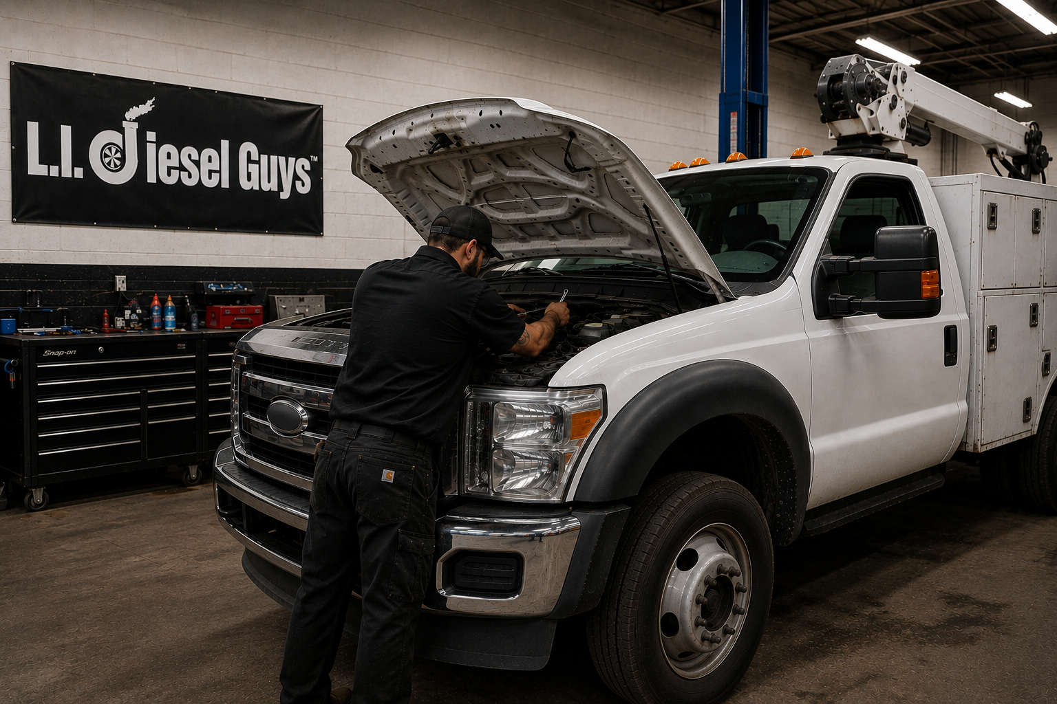 A white Ford utility truck with its hood open in a garage setting, with a mechanic in black clothing working underneath. A black banner reading 'L.
